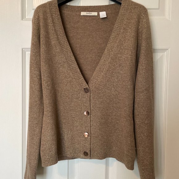NEIMAN MARCUS 100% CASHMERE COLLECTION CARDIGAN, METALLIC SPARKLE GOLD, SIZE XS - Picture 2 of 5